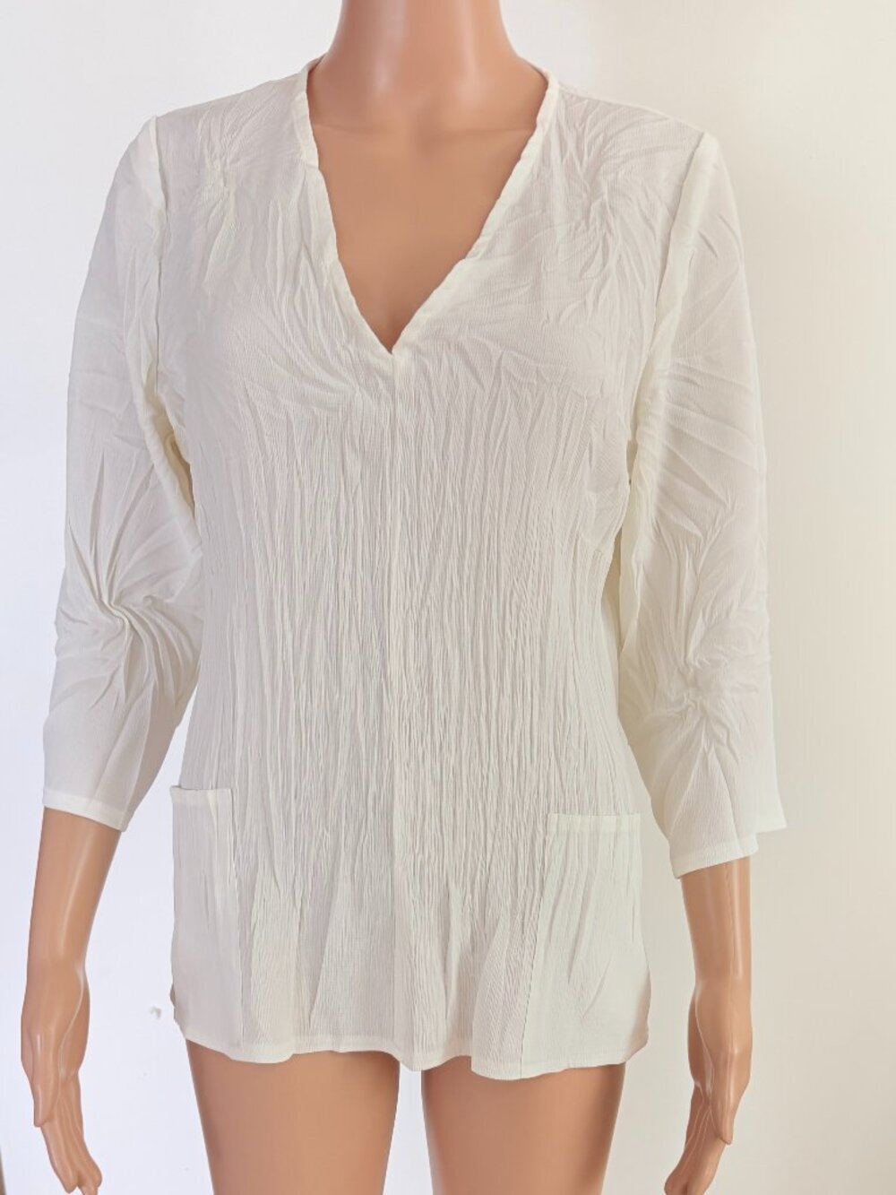 Babette Ivory Crinkle Blouse Textured Silk Top Long Sleeve Sz X-Small
